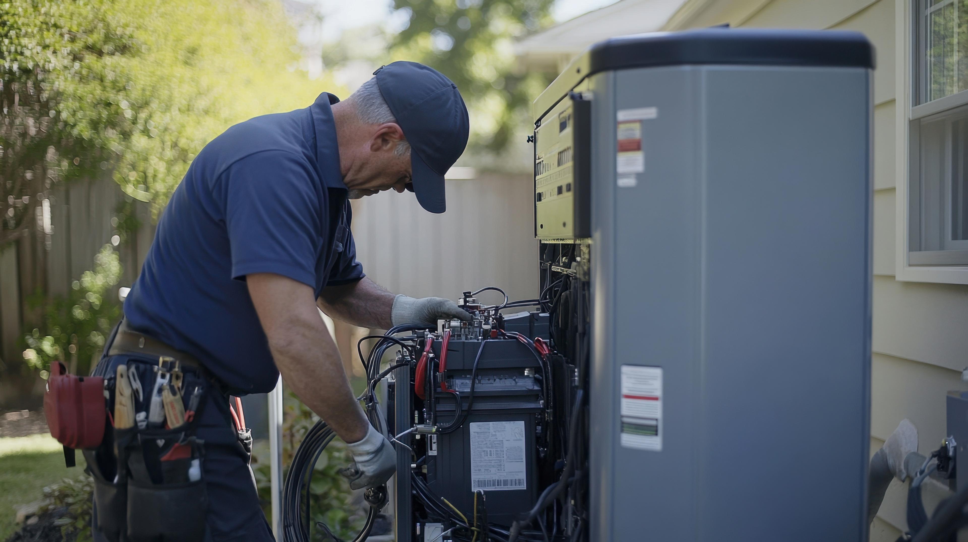 Electrician installing a residential backup generator