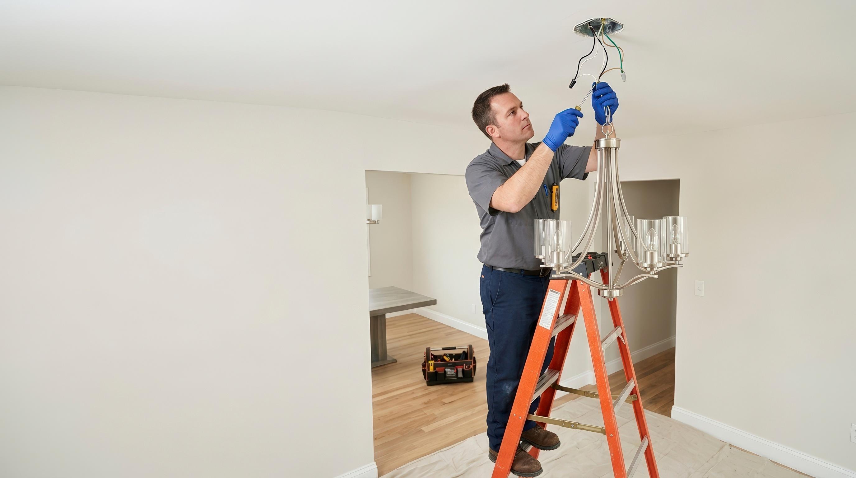 Electrician installing a chandelier light fixture in a home